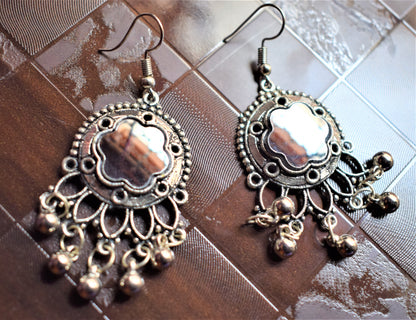 Silver Oxidised Floral Grey Mirror Danglers - GlitterGleam
