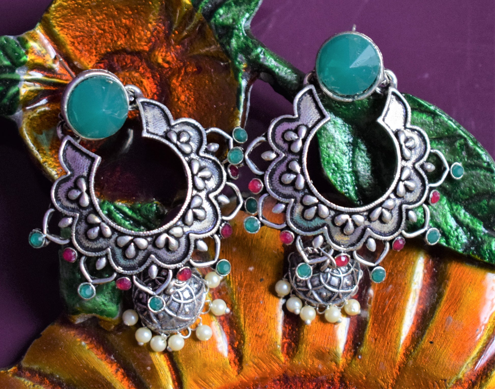 German Silver Designer Floral Carving Gemstone Earrings - GlitterGleam