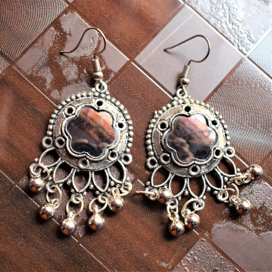 Silver Oxidised Floral Grey Mirror Danglers - GlitterGleam