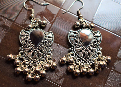Silver Oxidised Motif Grey Mirror Danglers - GlitterGleam