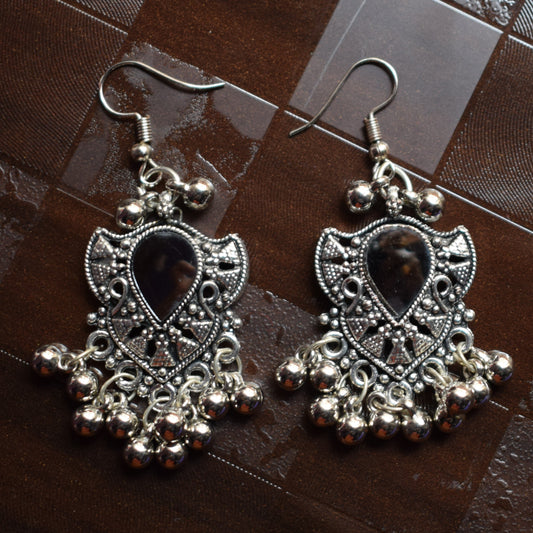 Silver Oxidised Motif Grey Mirror Danglers - GlitterGleam