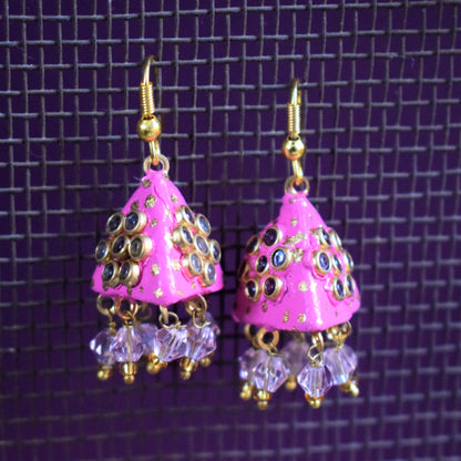 Small Rajasthani Kundan Pyramid Jhumki with Beads - GlitterGleam
