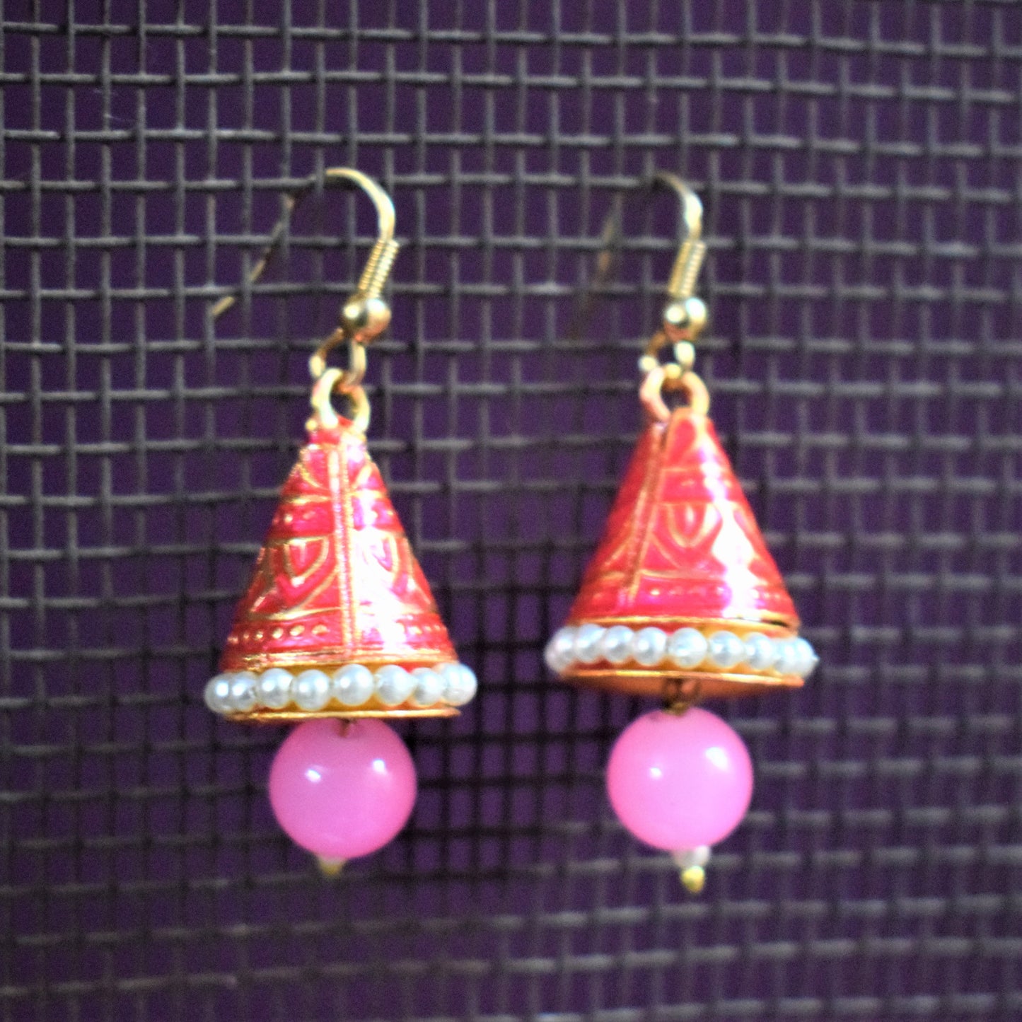 Small Meenakari Conical Jhumki with Beads and Pearls - GlitterGleam