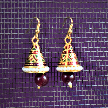 Small Meenakari Conical Jhumki with Beads and Pearls - GlitterGleam