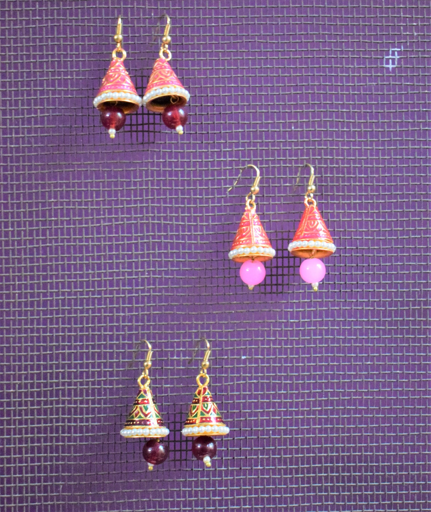 Small Meenakari Conical Jhumki with Beads and Pearls - GlitterGleam