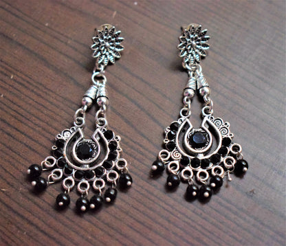 Silver Oxidised Polki Chandbali Danglers - GlitterGleam