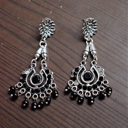 Silver Oxidised Polki Chandbali Danglers - GlitterGleam