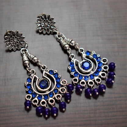 Silver Oxidised Polki Chandbali Danglers - GlitterGleam