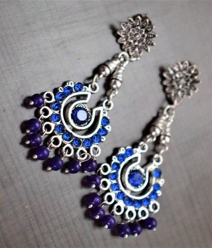 Silver Oxidised Polki Chandbali Danglers - GlitterGleam