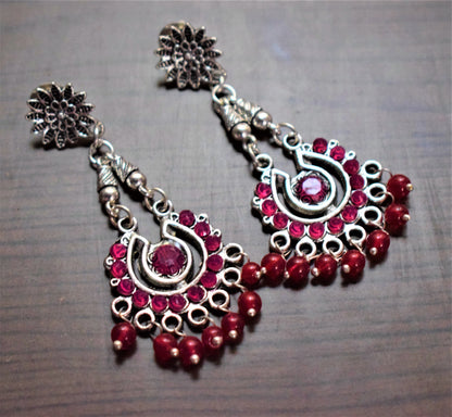 Silver Oxidised Polki Chandbali Danglers - GlitterGleam