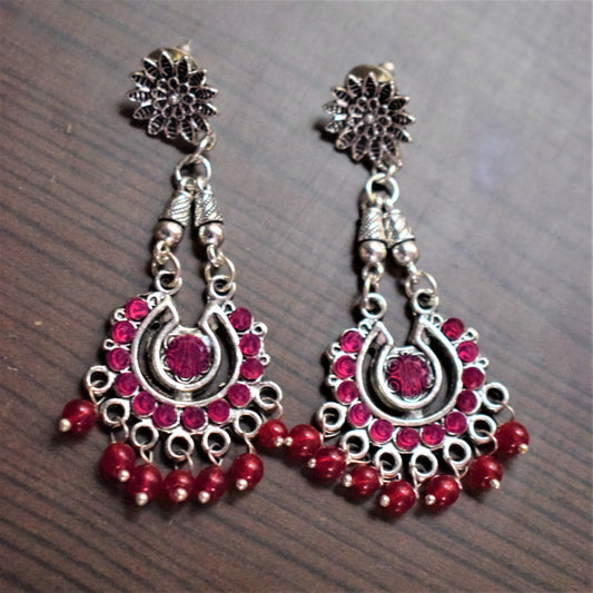 Silver Oxidised Polki Chandbali Danglers - GlitterGleam