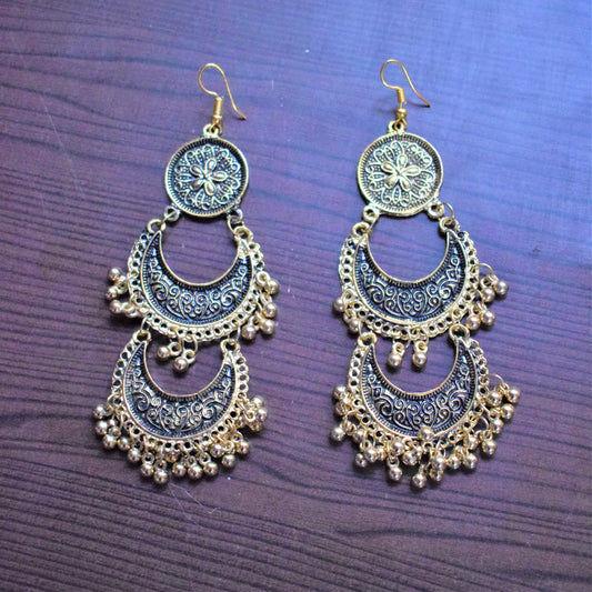 Gold Oxidised Layered Carved Chandbali - GlitterGleam