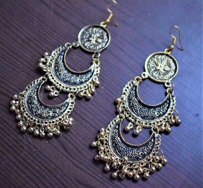 Gold Oxidised Layered Carved Chandbali - GlitterGleam