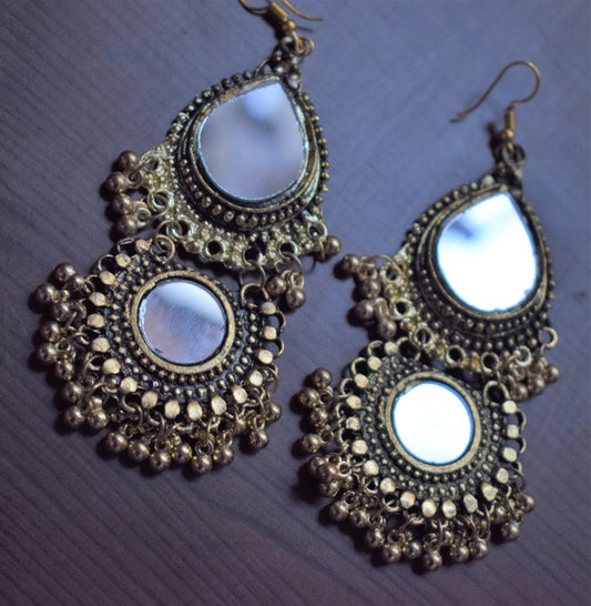 Gold Oxidised Layered Mirror Chandbali - GlitterGleam