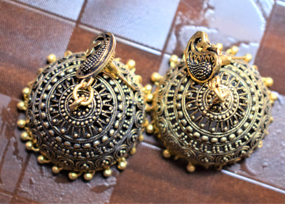 Large Golden Oxidised Peacock Jhumka - GlitterGleam