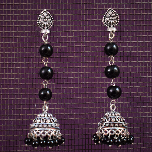 Silver Oxidised Beaded Hanging Jhumki - GlitterGleam