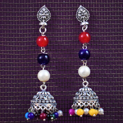 Silver Oxidised Beaded Hanging Jhumki - GlitterGleam