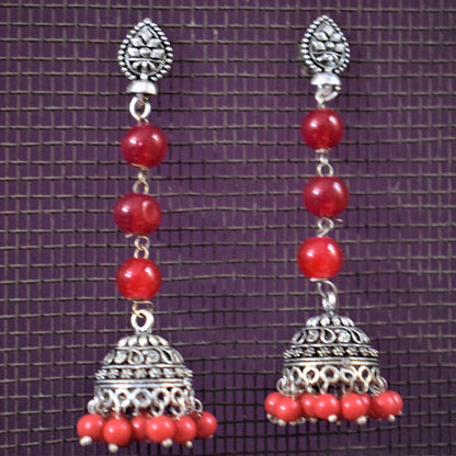 Silver Oxidised Beaded Hanging Jhumki - GlitterGleam
