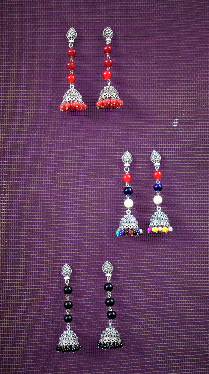 Silver Oxidised Beaded Hanging Jhumki - GlitterGleam