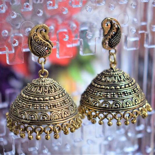 Large Golden Oxidised Peacock Jhumka - GlitterGleam