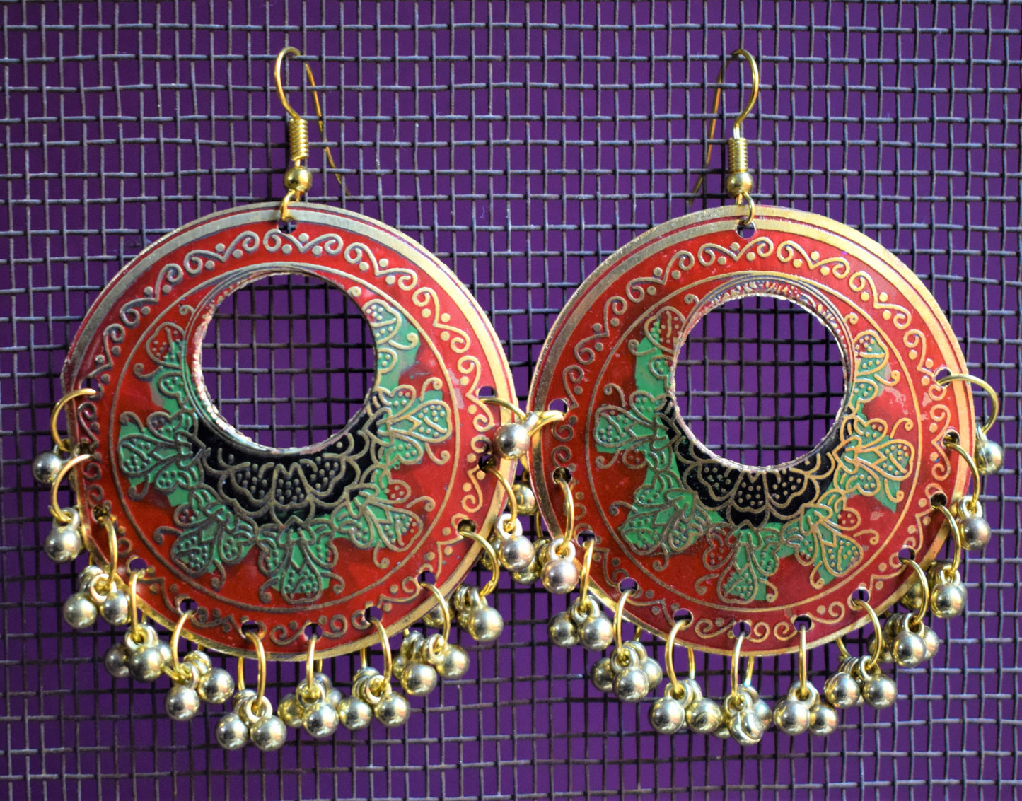 Meenakari Chandbali Carved Danglers - GlitterGleam