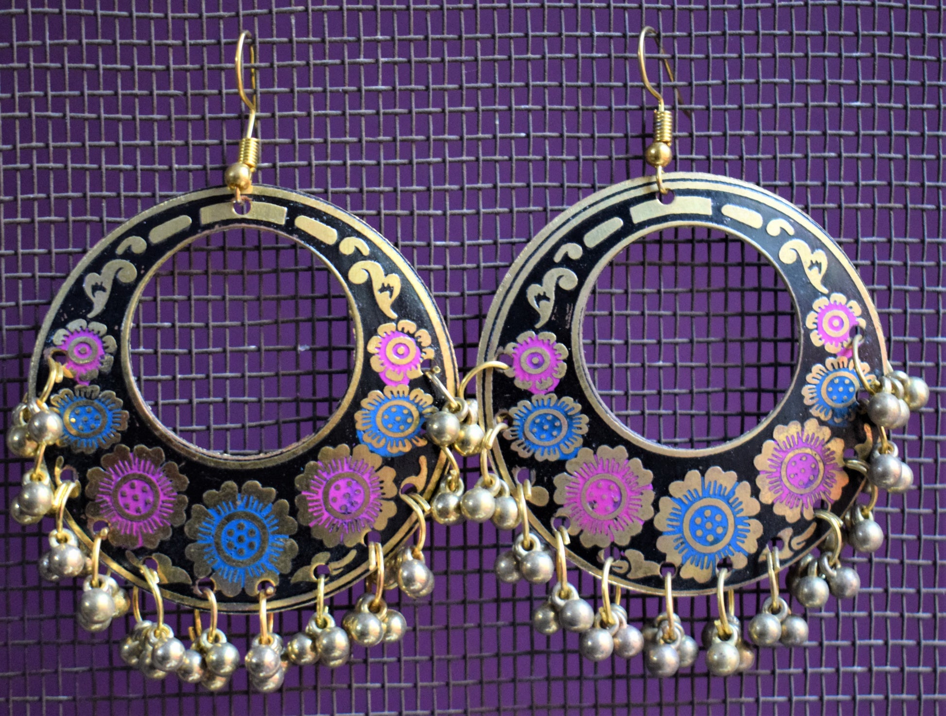 Meenakari Chandbali Carved Danglers - GlitterGleam