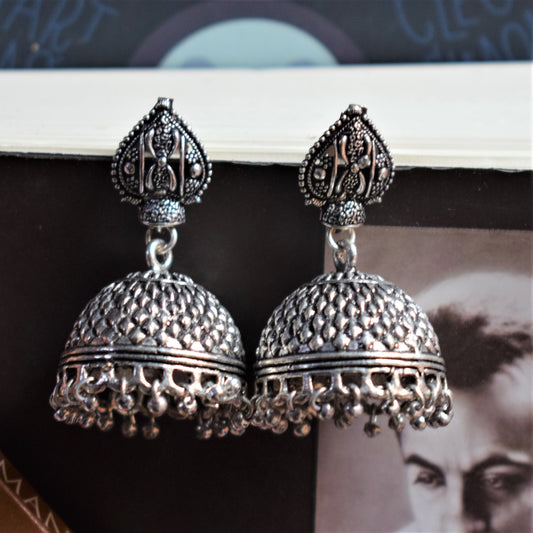 German Silver Motif Stud Carved Jhumka - GlitterGleam