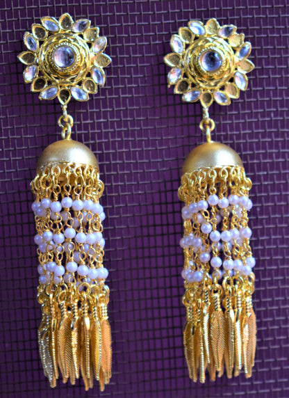 Designer Antique Gold Floral Stud Tassel Earring - GlitterGleam