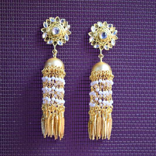 Designer Antique Gold Floral Stud Tassel Earring - GlitterGleam