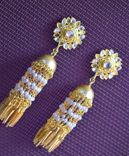 Designer Antique Gold Floral Stud Tassel Earring - GlitterGleam