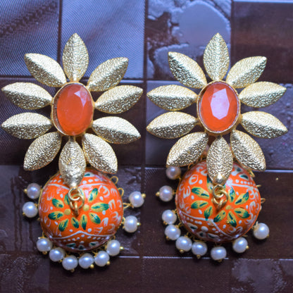 Orange Hand-Painted Floral Gemstone Jhumki - GlitterGleam