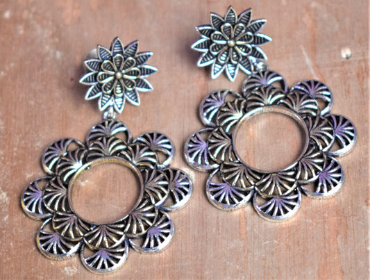 Designer German Silver Floral Carved Hanging Earrings - GlitterGleam