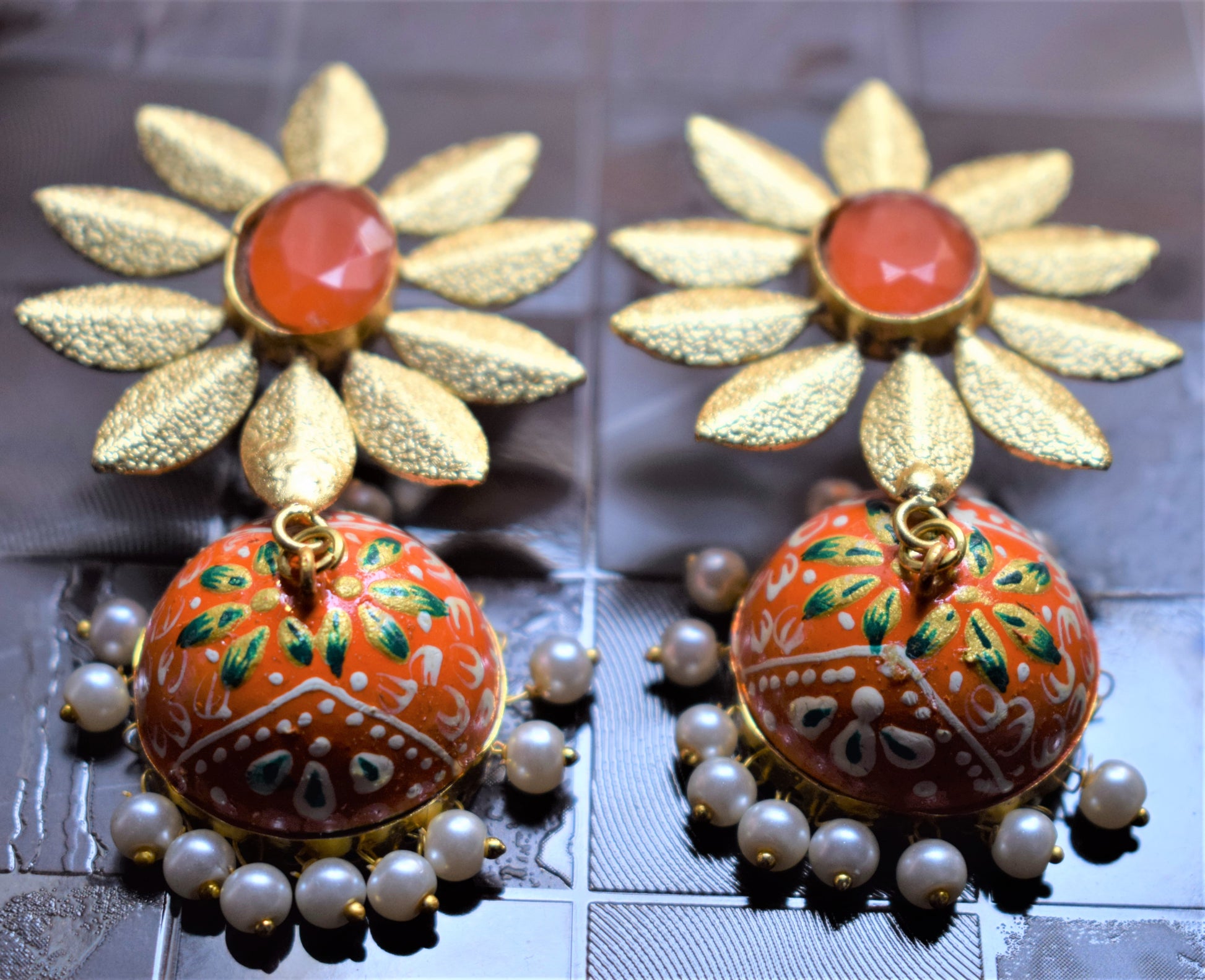 Orange Hand-Painted Floral Gemstone Jhumki - GlitterGleam