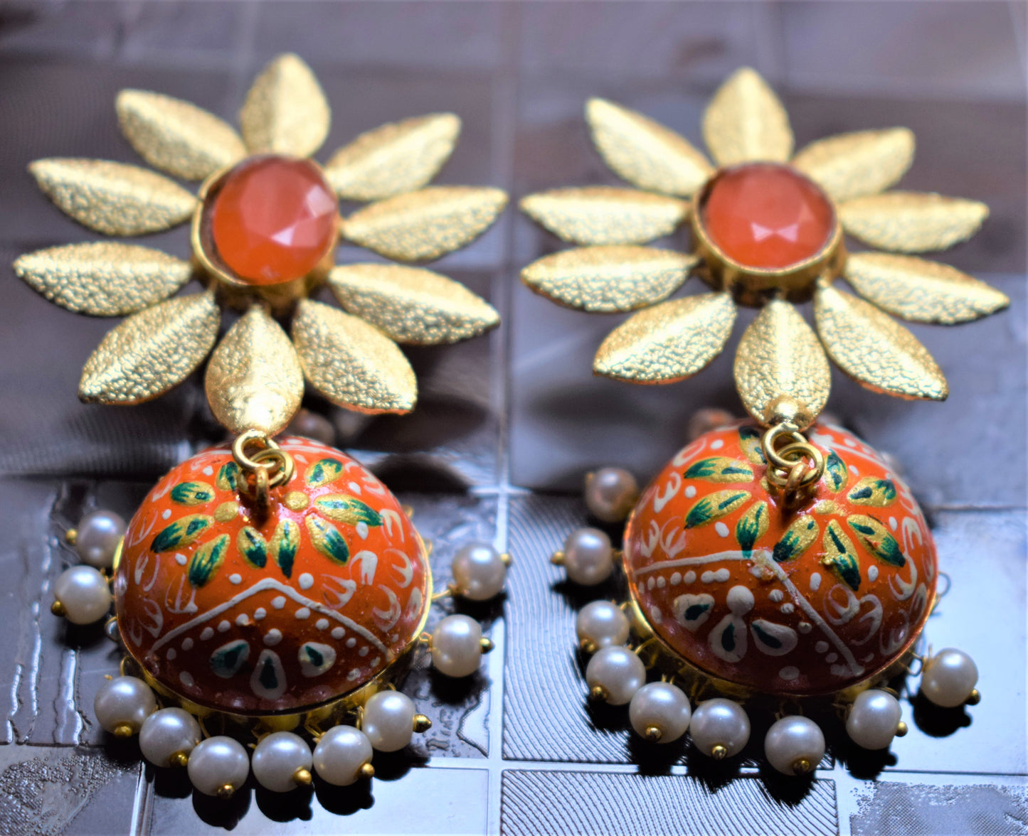 Orange Hand-Painted Floral Gemstone Jhumki - GlitterGleam