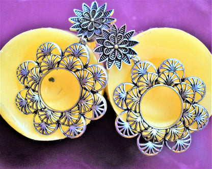 Designer German Silver Floral Carved Hanging Earrings - GlitterGleam