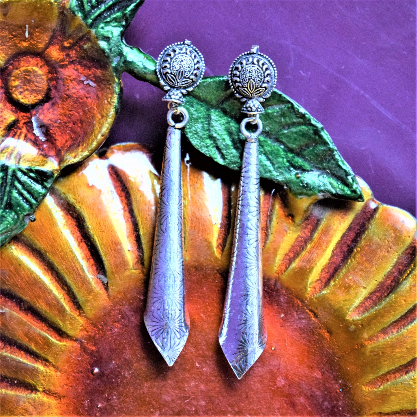 Silver Oxidised Carved Funnel Earrings - GlitterGleam