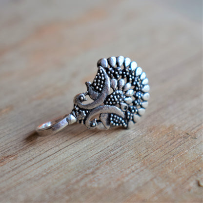 German Silver Oxidized Twin Peacock Nose Push Pin - GlitterGleam
