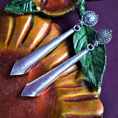 Silver Oxidised Carved Funnel Earrings - GlitterGleam