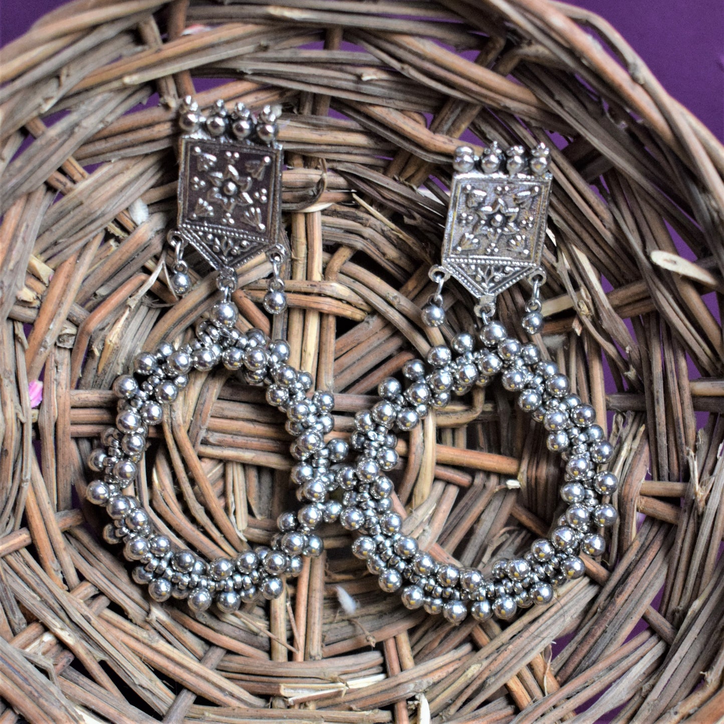 Silver Oxidised Beaded Ghungroo Earrings - GlitterGleam