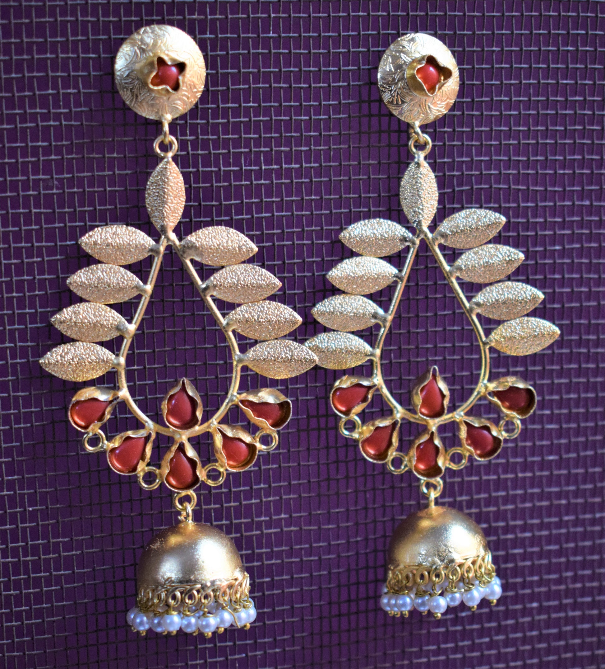 Designer Coral Tulip Antique Gold Earrings - GlitterGleam