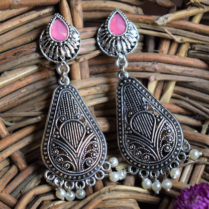 Silver Oxidised Gemstone Dangle Drop Earrings - GlitterGleam