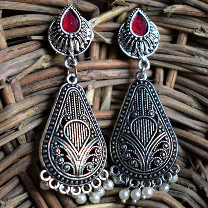 Silver Oxidised Gemstone Dangle Drop Earrings - GlitterGleam
