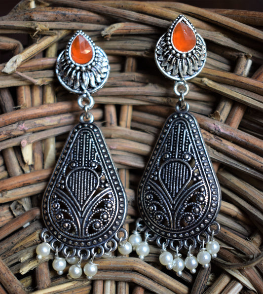 Silver Oxidised Gemstone Dangle Drop Earrings - GlitterGleam