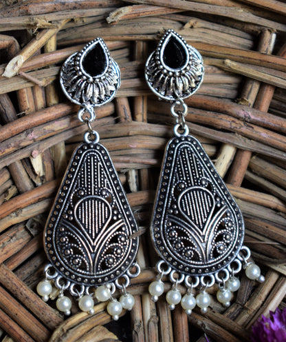 Silver Oxidised Gemstone Dangle Drop Earrings - GlitterGleam