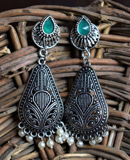 Silver Oxidised Gemstone Dangle Drop Earrings - GlitterGleam