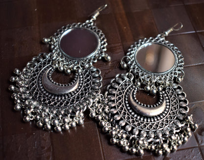 Silver Oxidised Mirror Chakra Chandbali - GlitterGleam