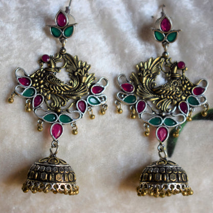 Dual Tone Peacock Gemstone German Silver Jhumki Earrings - GlitterGleam