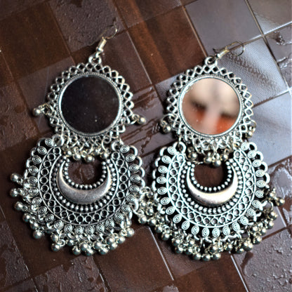 Silver Oxidised Mirror Chakra Chandbali - GlitterGleam