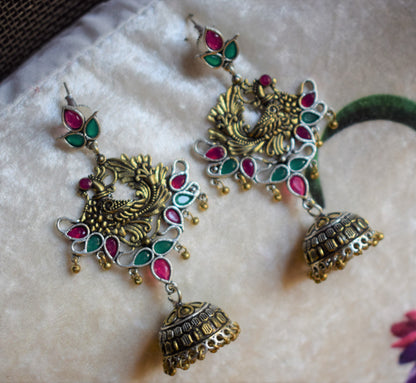 Dual Tone Peacock Gemstone German Silver Jhumki Earrings - GlitterGleam