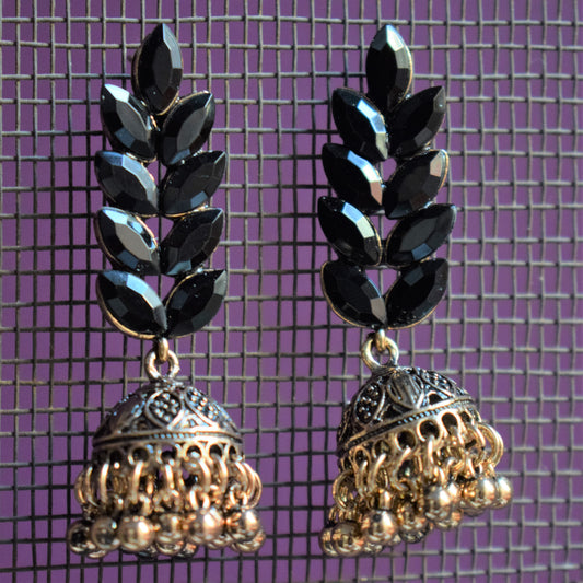 Antique Gold Gemstone Petal Jhumka Earring - GlitterGleam